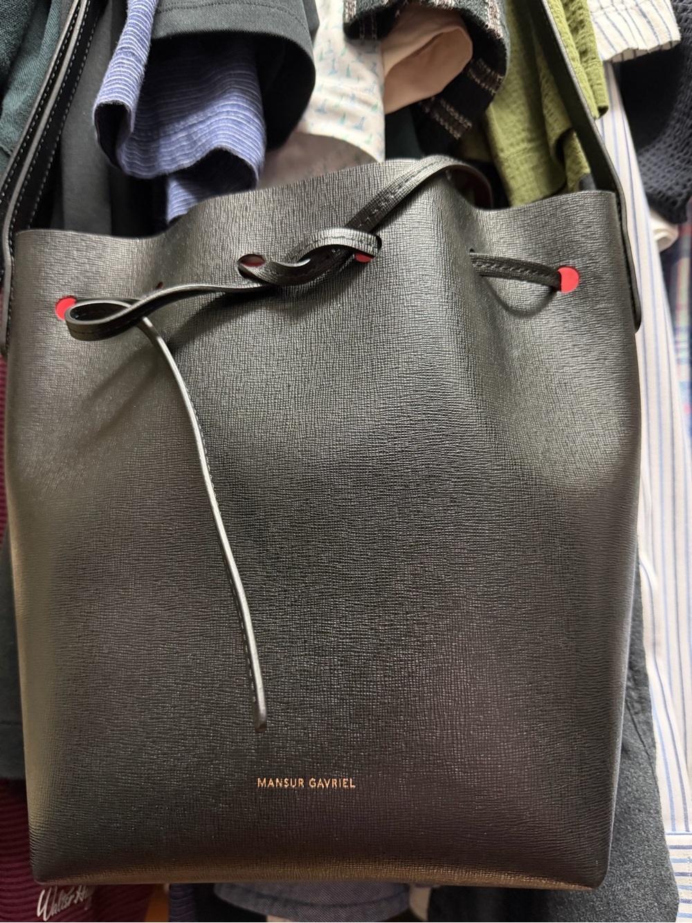 Mansur Gavriel Black Leather Drawstring Bucket Bag with Red Interior - Picture 6 of 7